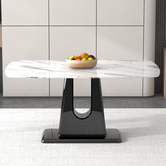 A modern, minimalist, and luxurious dining table with a white