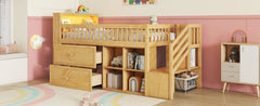 Twin Size Loft Bed with LED and Bookshelf, Wood Low Loft Bed with