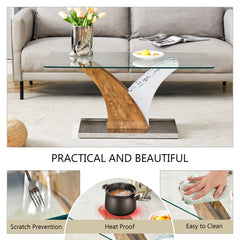 Modern Rectangular Coffee Table with Tempered Glass Top and Artistic