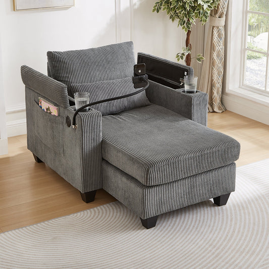 Convertible Chaise Lounge Sofa Chair Corduroy Sleeper with USB Ports,