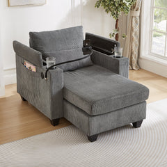 Convertible Chaise Lounge Sofa Chair Corduroy Sleeper with USB Ports,