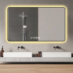 48x32 Black frame with rounded corners vanity mirror, temperature