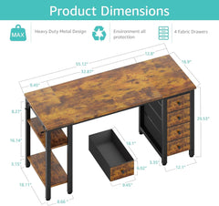 55 Inch Computer Desk with 4 Fabric Drawers & Storage Shelves, Writing