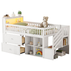 Twin Size Loft Bed with LED and Bookshelf, Wood Low Loft Bed with