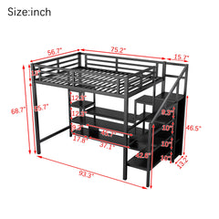Full Size Metal Loft Bed with TV Stand, Metal Loft Bed with Staircase