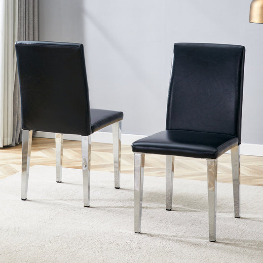 Simple and Versatile Black PU Dining Chairs with Silver Metal Legs,