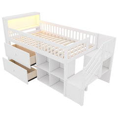 Twin Size Loft Bed with LED and Bookshelf, Wood Low Loft Bed with