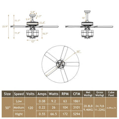 50 Inch Noiseless Ceiling Fan Light with Explosion-Proof Glass