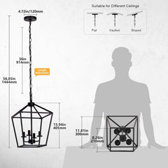 4 Light Chandelier, Industrial Ceiling Light Black Lantern Light
