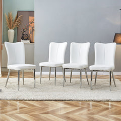 Modern Minimalist Dining Chairs Set with White PU Seats and Silver