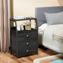 Black Night Stand, Small Dresser for Bedroom, Nightstand with 3 Fabric