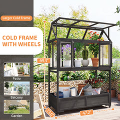 Garden Wood Portable Cold Frame with Movable Wheels Mini Greenhouse