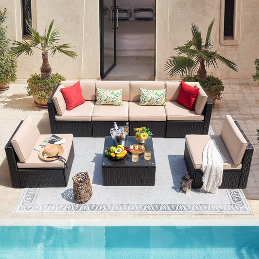 7 Pieces Outdoor Sectional Sofa Patio Furniture Sets Manual Weaving
