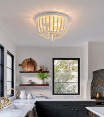 White Boho Beaded Chandeliers Flush Mount Ceiling Light,3-Lights Small