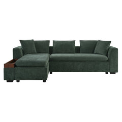 Elegant Chenille L-Shaped Sofa with Wooden Storage Compartment, Green,