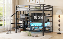 Full Size Metal Loft Bed with TV Stand, Metal Loft Bed with Staircase