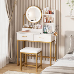White Vanity Round Mirror, Lights, Charging, Small Bedroom