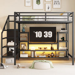 Full Size Metal Loft Bed with TV Stand, Metal Loft Bed with Staircase