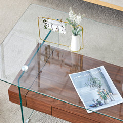 Modern Two-Tier Coffee Table with Drawer - Clear Tempered Glass &