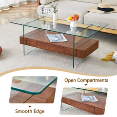 Modern Two-Tier Coffee Table with Drawer - Clear Tempered Glass &