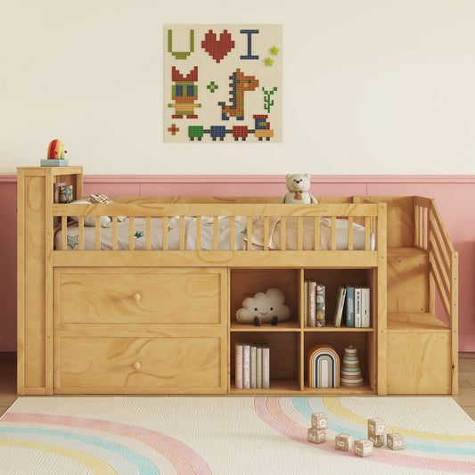 Twin Size Loft Bed with LED and Bookshelf, Wood Low Loft Bed with