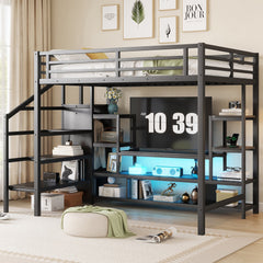 Full Size Metal Loft Bed with TV Stand, Metal Loft Bed with Staircase