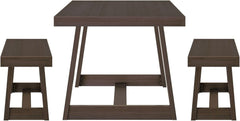 Farmhouse Solid Wood Dining Table Set with 2 Benches, Walnut