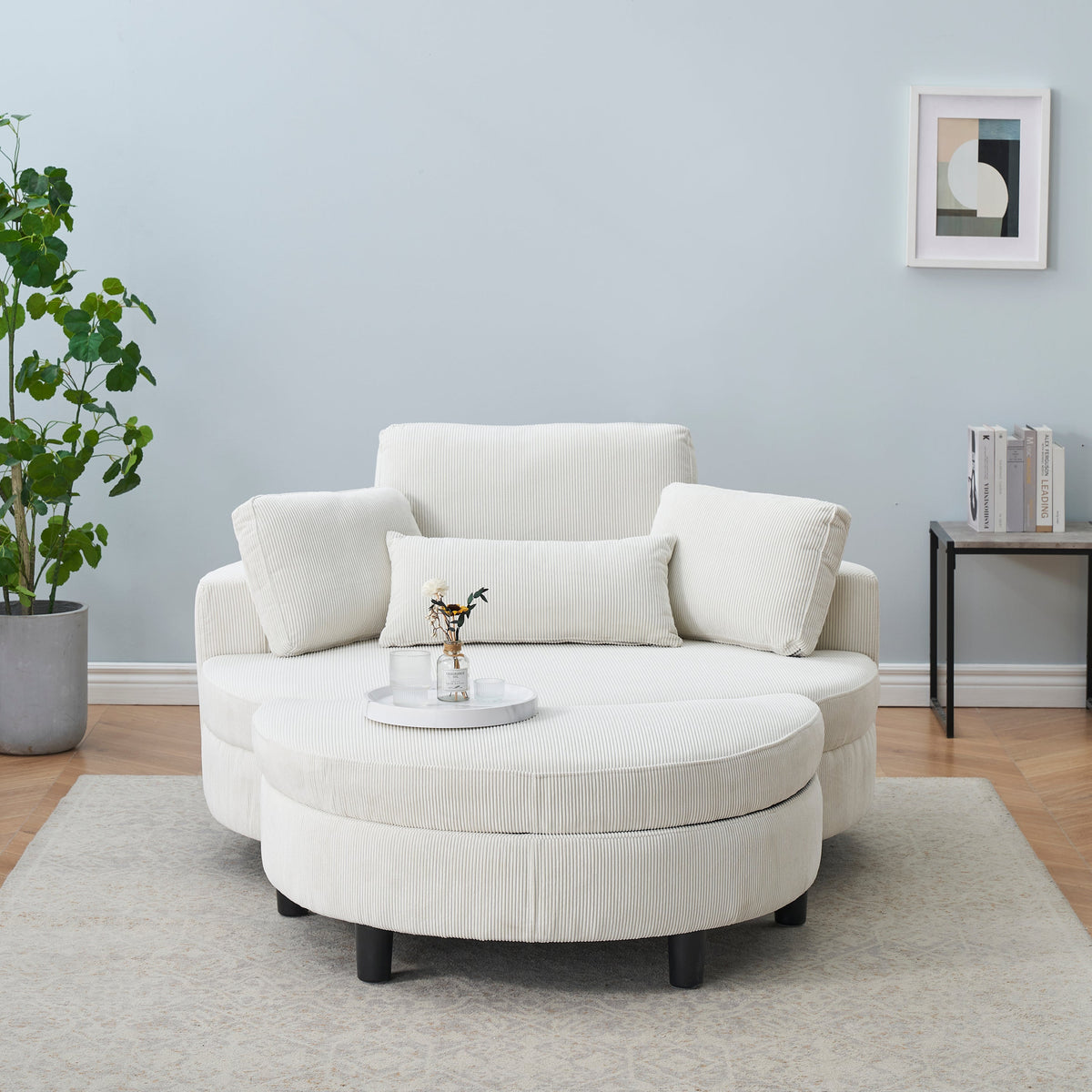 51-inch beige corduroy sofa with two throw pillows and a waist pillow