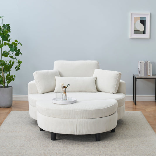 51-inch beige corduroy sofa with two throw pillows and a waist pillow