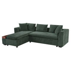 Elegant Chenille L-Shaped Sofa with Wooden Storage Compartment, Green,