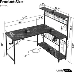 Gaming Desk 51" L-Shaped, with Power Outlets & LED Lights- 4 Tier