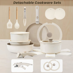 20-piece Pots And Pans Set, KIKCOIN Non-stick Ceramic Cookware Set With Removable Handles. Space-saving, Oven, Dishwasher.