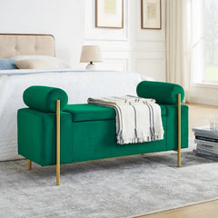 Elegant Upholstered Linen Storage Bench with Cylindrical Arms & Iron Legs, Beige, for Hallway, Living Room, Bedroom