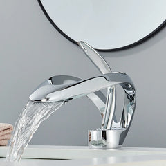 Solid Brass Waterfall Basin Faucet Single Handle Hot Cold Water Mixer Tap For Bathroom Sink
