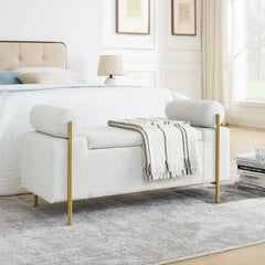 Elegant Upholstered Linen Storage Bench with Cylindrical Arms & Iron Legs, Beige, for Hallway, Living Room, Bedroom