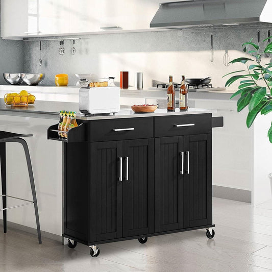 Black Kitchen Island Cart with Stainless Steel Top 2 Drawers