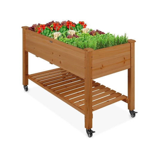 Outdoor Brown Wood Raised Garden Bed Planter Box with Shelf and
