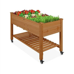 Outdoor Brown Wood Raised Garden Bed Planter Box with Shelf and