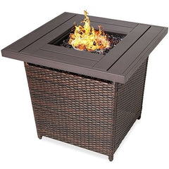 Brown Resin Wicker Fire Pit LP Gas Propane w/ Faux Wood Tabletop and