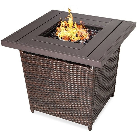 Brown Resin Wicker Fire Pit LP Gas Propane w/ Faux Wood Tabletop and