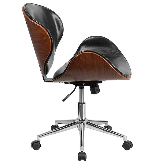 Mid-Back Walnut / Black Faux Leather Office Chair with Curved Bentwood