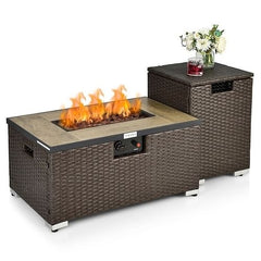 Outdoor Propane Fire Pit with Side Table Tank Holder in Brown PE