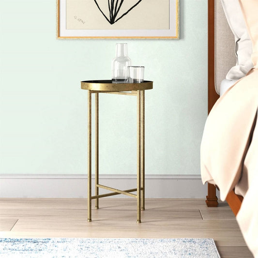 Gold Finish Metal Round Nightstand End Table with Removable Black Tray