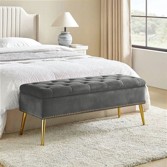 Mid-Century Modern End of Bed Storage Bench with Gray Velvet Seat and