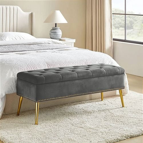 Mid-Century Modern End of Bed Storage Bench with Gray Velvet Seat and