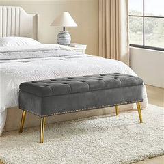 Mid-Century Modern End of Bed Storage Bench with Gray Velvet Seat and