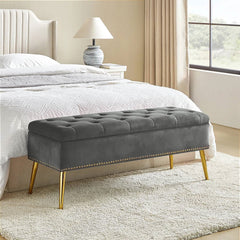 Mid-Century Modern End of Bed Storage Bench with Gray Velvet Seat and