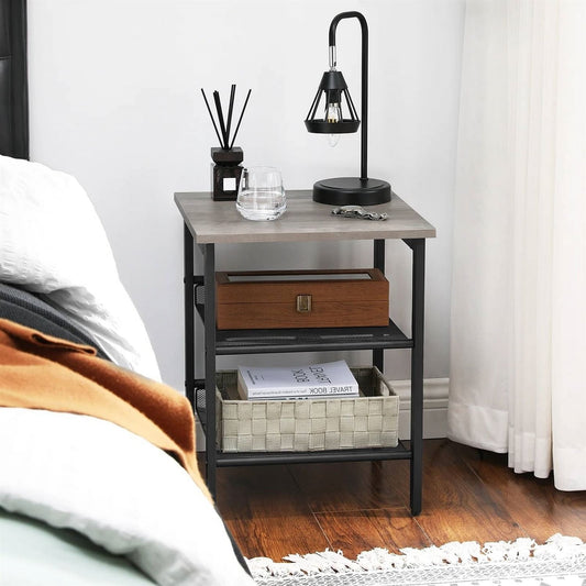 Modern Industrial Side Table Nightstand in Black Metal with Grey Beige