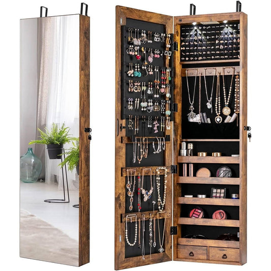 2-in-1 Door/Wall Mounted Jewelry Armoire Full Length Mirror in Brown