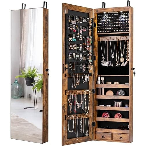 2-in-1 Door/Wall Mounted Jewelry Armoire Full Length Mirror in Brown